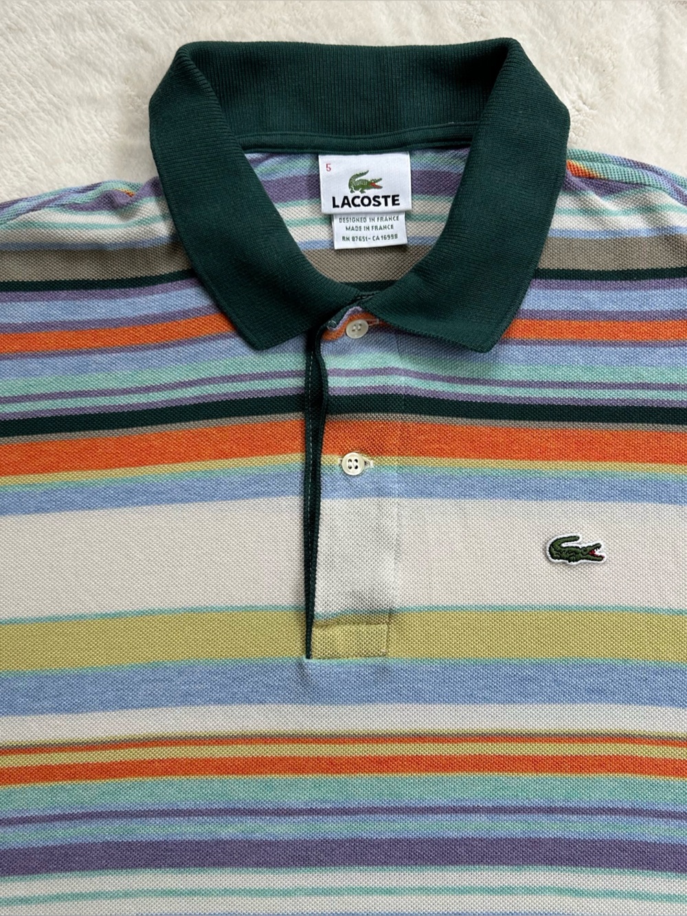 Lacoste Men’s Multicolor Striped Polo Dark Green Collar Large Made in France
